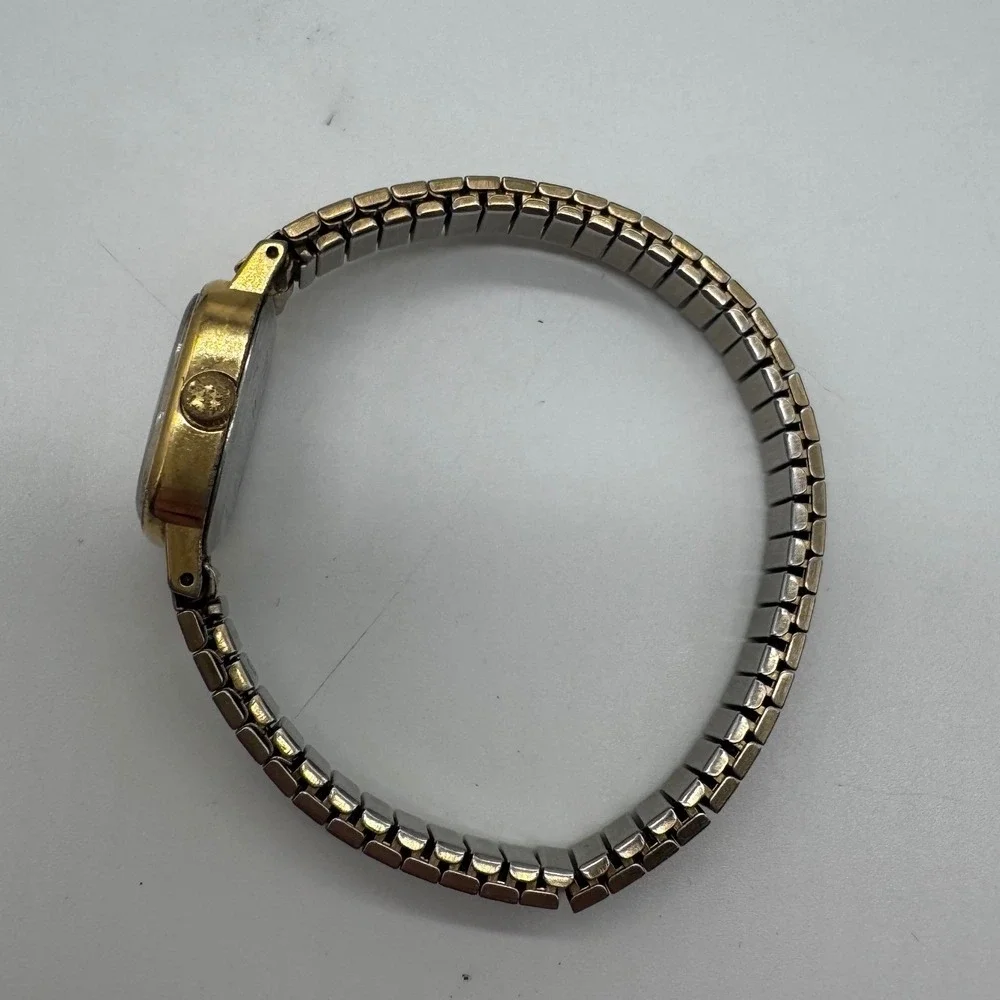 Vintage Timex Quartz Watch Gold Tone Cushion Case Expansion Band needs bat